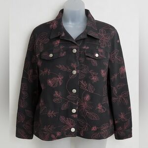 Silk Land Embroidered Floral Jacket,100% cotton Black & Pink - plus Size 1X